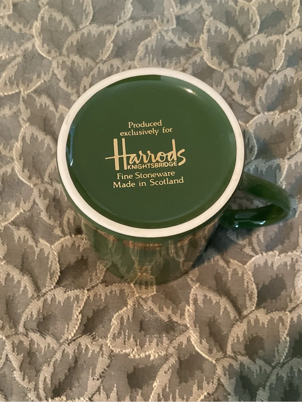 Harrods Knightsbridge Green Stoneware Mug with Gold Decoration Made in Scotland
